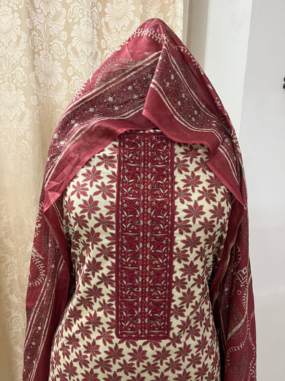 Nagma Pure Cotton Suit Set with Hand Embroidered Neck Patch - Rustic Red