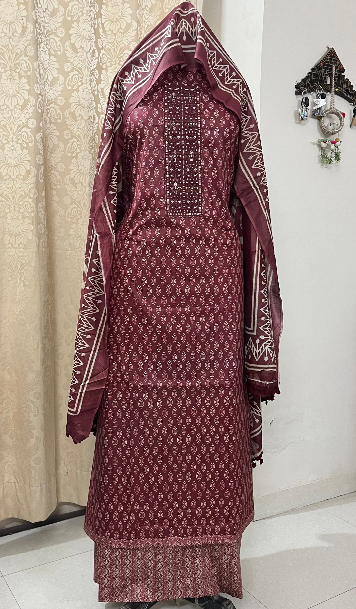 Zevar Pure 100% Cotton Suit Set with Hand Embroidered Neck Patch - Plum Red