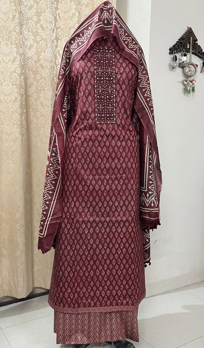 Zevar Pure 100% Cotton Suit Set with Hand Embroidered Neck Patch - Plum Red
