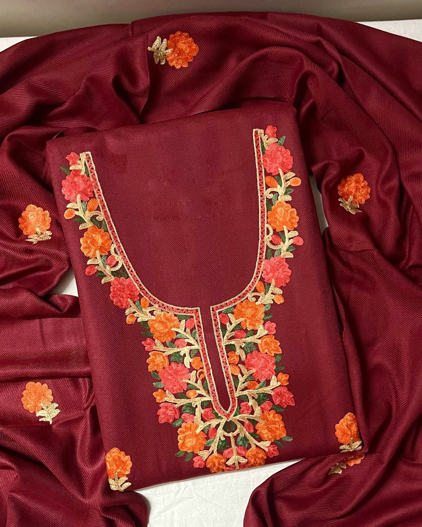 Kashmiri & Aari Embroidery Woolen Suit in Maroon Red