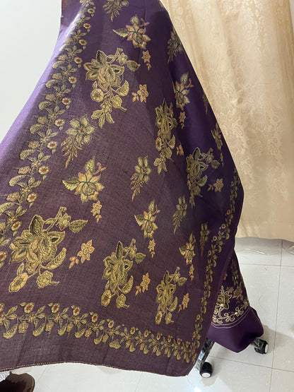 Phool Aari-Work Toosh Pashmina Woolen Suit - Purple