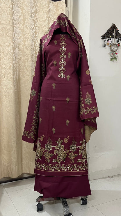 Phool Aari-Work Toosh Pashmina Woolen Suit - Raspberry Pink