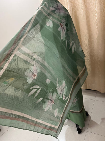 Hastkala Premium Linen Summer Floral Suit with Handwork - Sage Green