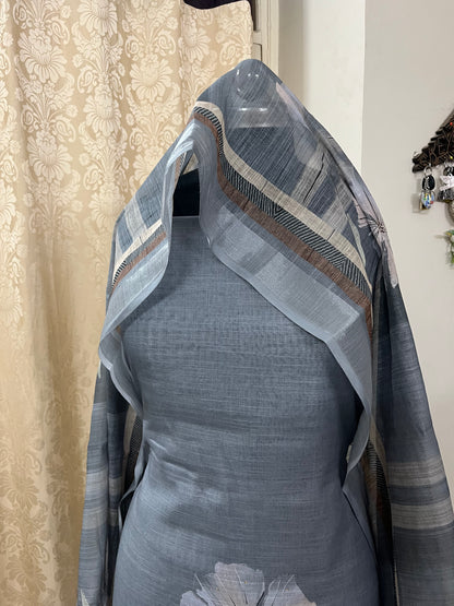 Hastkala Premium Linen Summer Floral Suit with Handwork - Pearl Grey