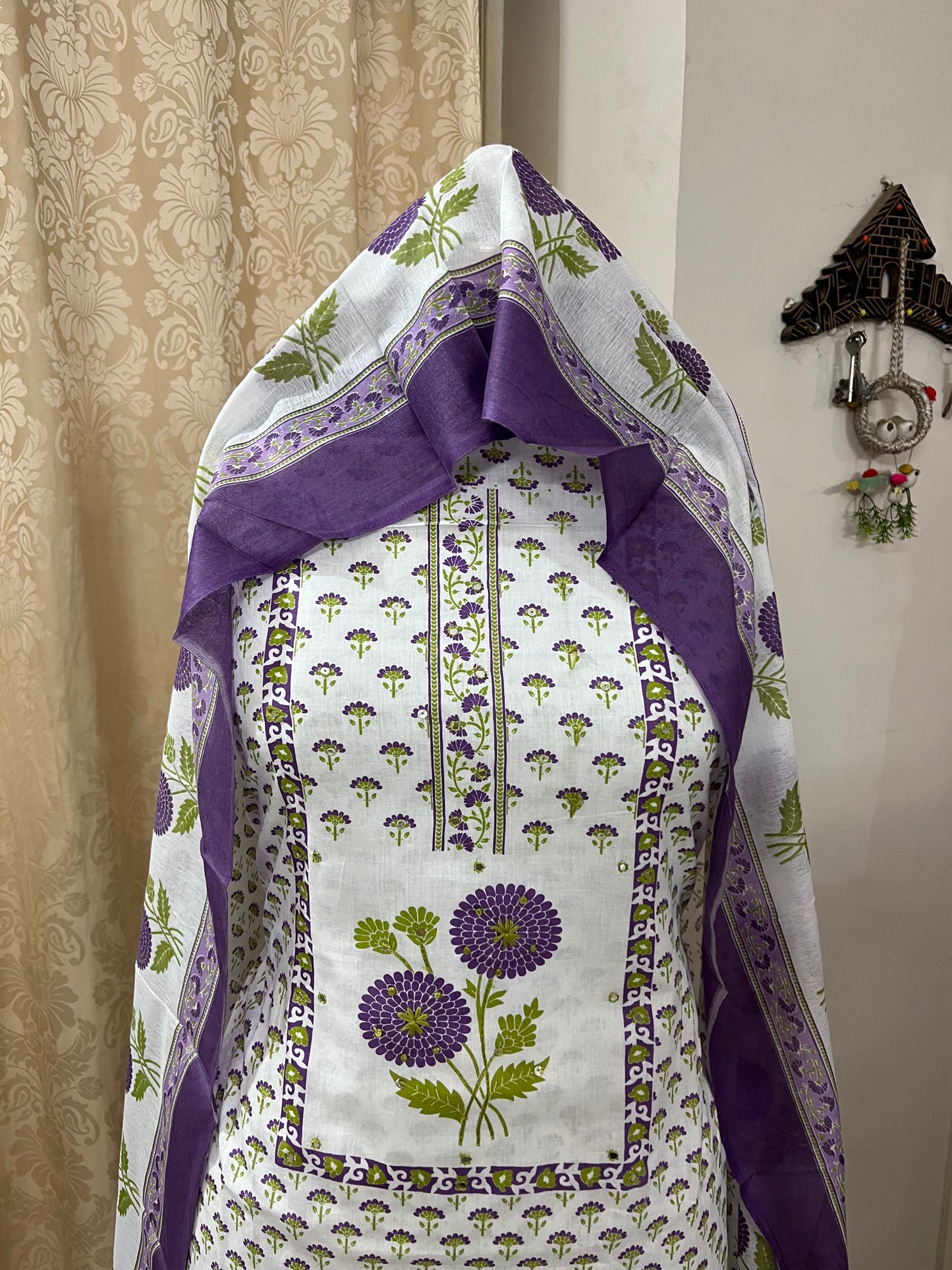 Sajni Pure Cotton Floral Suit Set with Knot & Mirror Work - Purple