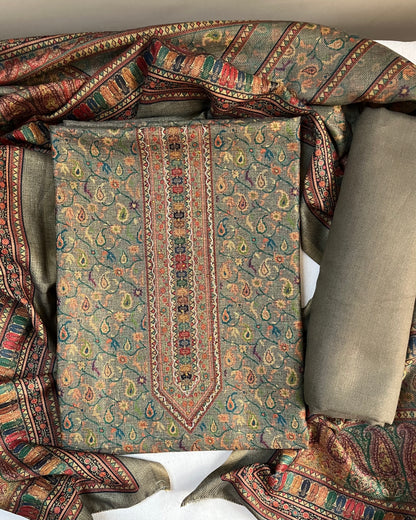 Heer Aari-Swarovski Toosh Pashmina Woolen Suit - Pearl Grey