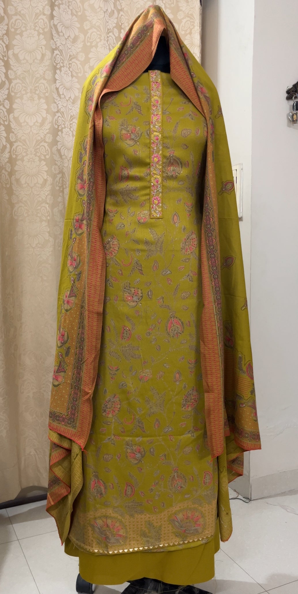 Powder Henna Green Pure Spun Woolen Suit with Matching Stole