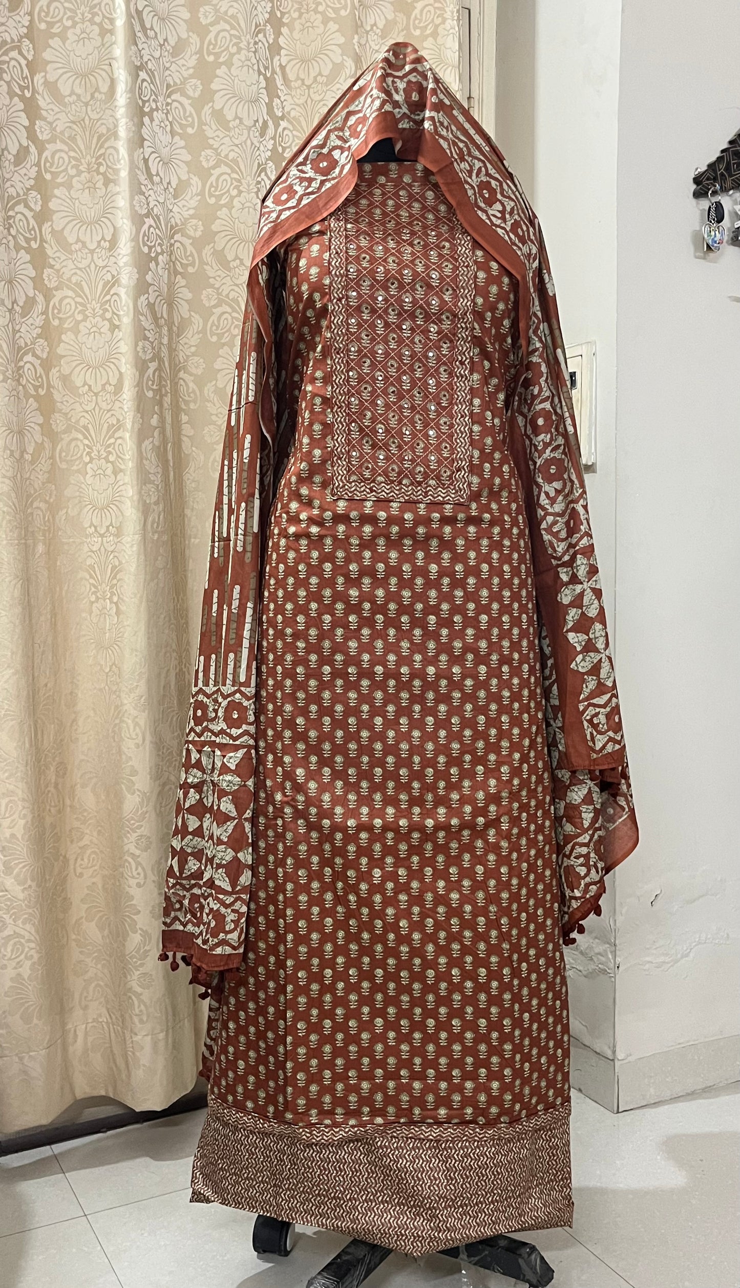 Paalki Pure Cotton Suit Set with Knot & Mirror Work Neck Patch - Rust