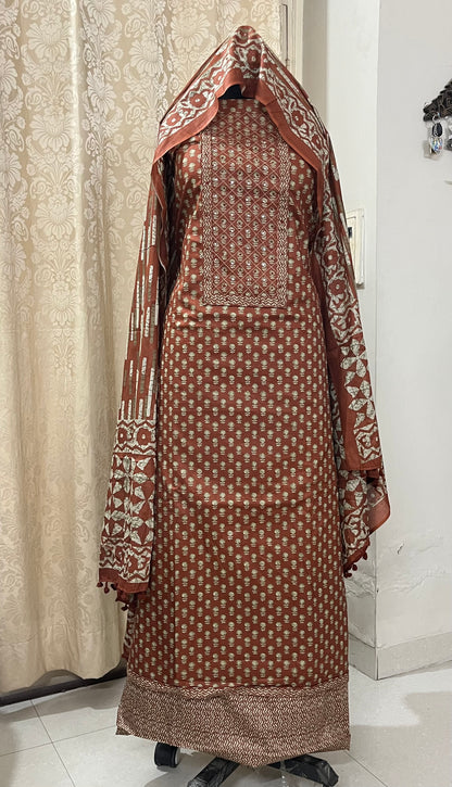 Paalki Pure Cotton Suit Set with Knot & Mirror Work Neck Patch - Rust