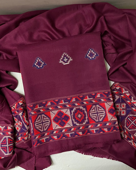 Pahadi Kullvi Soft Woolen Suit with Matching Stole - Wine