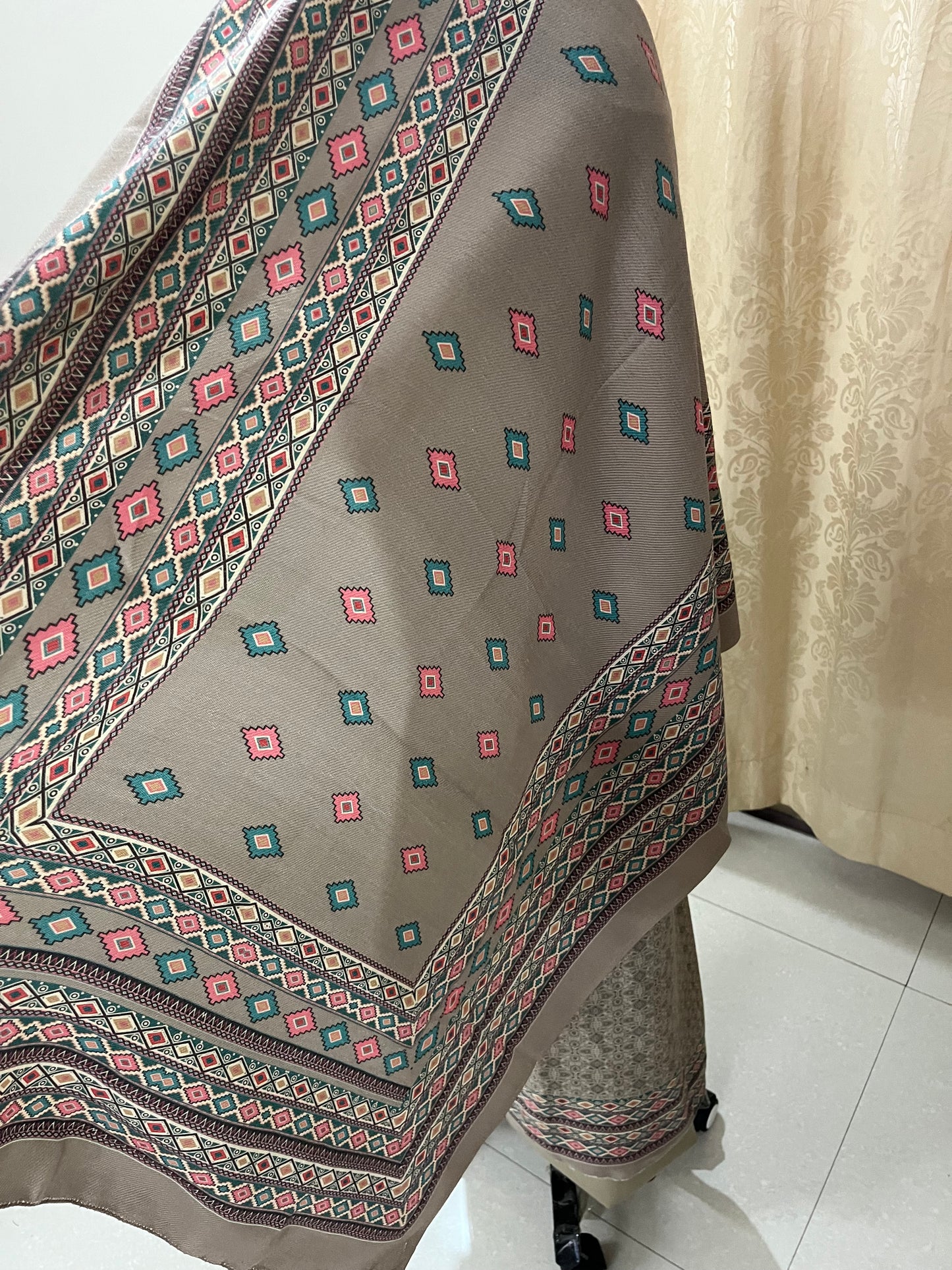 Stone Grey Floral Toosh Pashmina Suit with Matching Stole