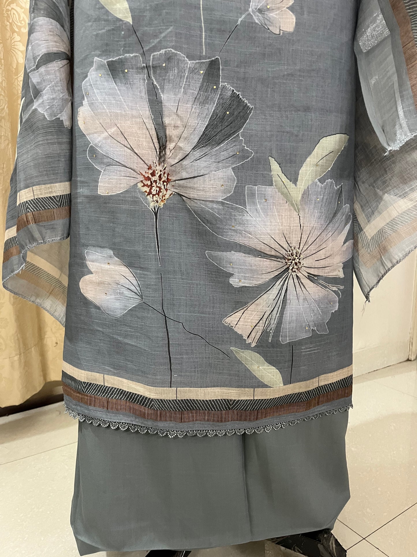 Hastkala Premium Linen Summer Floral Suit with Handwork - Pearl Grey
