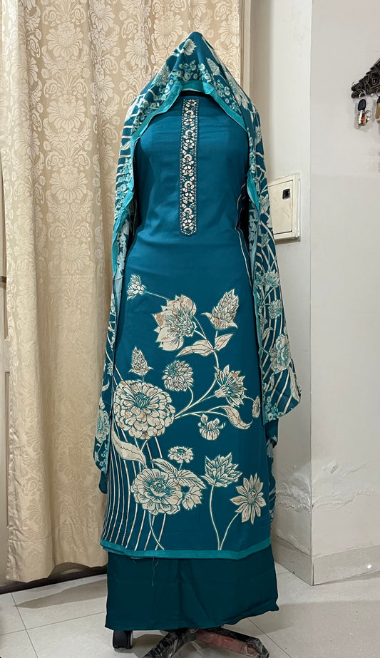 Zaitra Fine Merino Wool Suit with Matching Stole - Teal Blue