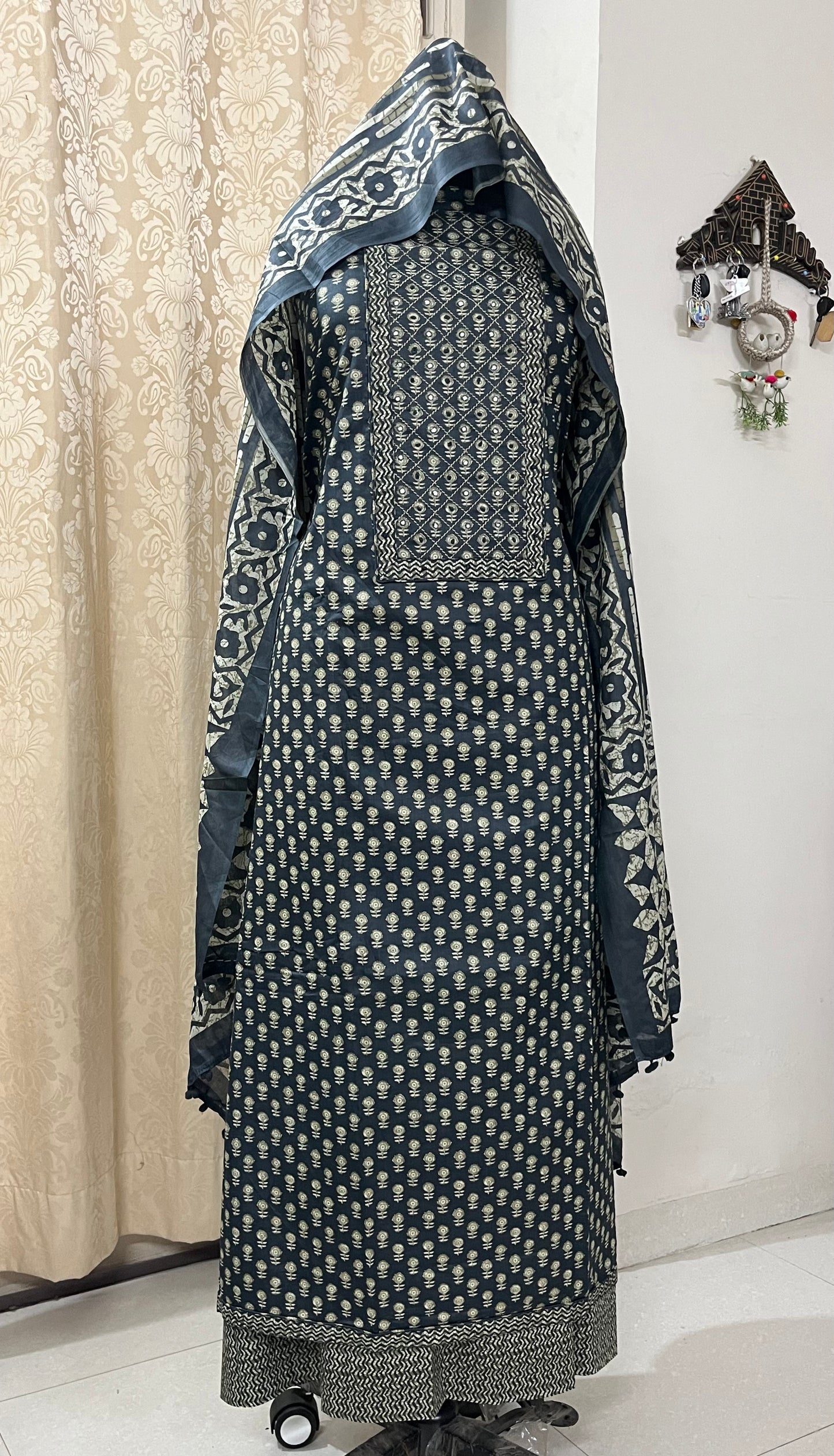 Paalki Pure Cotton Suit Set with Knot & Mirror Work Neck Patch - Midnight Blue