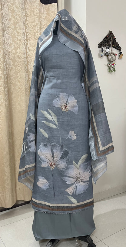 Hastkala Premium Linen Summer Floral Suit with Handwork - Pearl Grey
