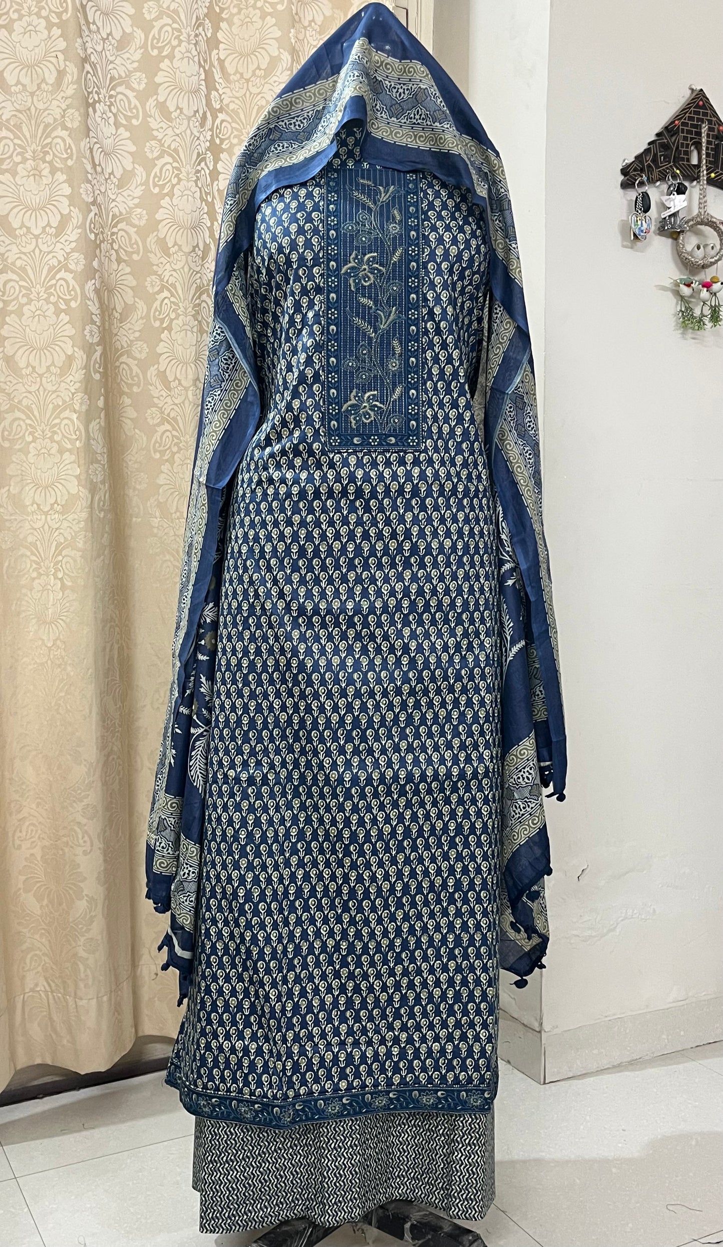Roop Pure Cotton Suit Set with Embroidered Neck Patch - Navy Blue