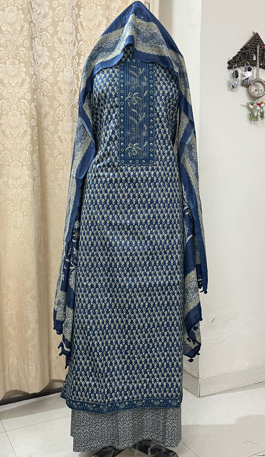 Roop Pure Cotton Suit Set with Embroidered Neck Patch - Navy Blue