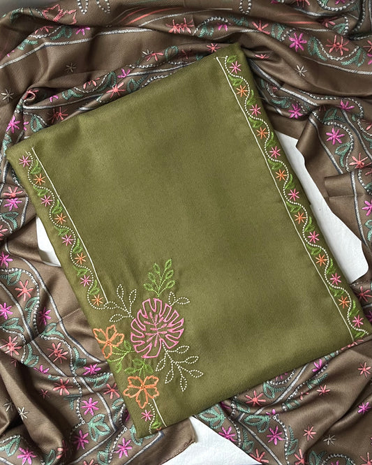 Riwaaz Pashmina Wool Suit with Boutique-Style Embroidery - Olive Green