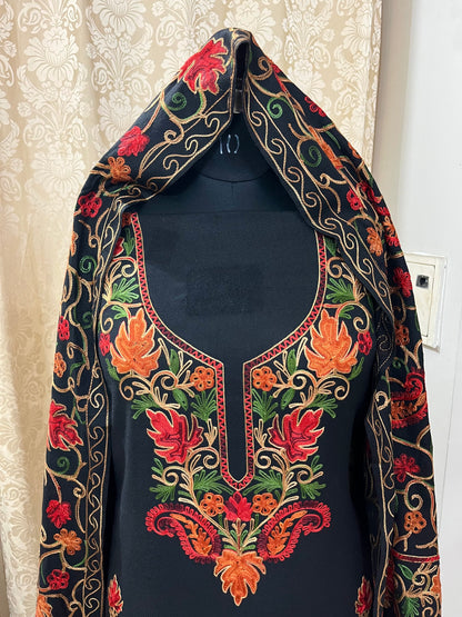 Kashmiri Embroidered Woolen Suit with Full Jaal Stole - Black