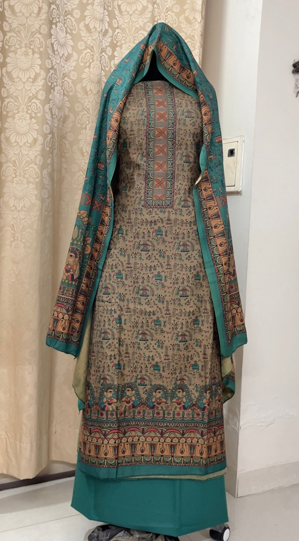 Noorvi Warli Print Woolen Suit with Floral Neck Patti & Printed Stole - Bottle Green