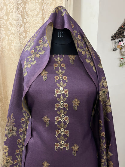 Phool Aari-Work Toosh Pashmina Woolen Suit - Purple