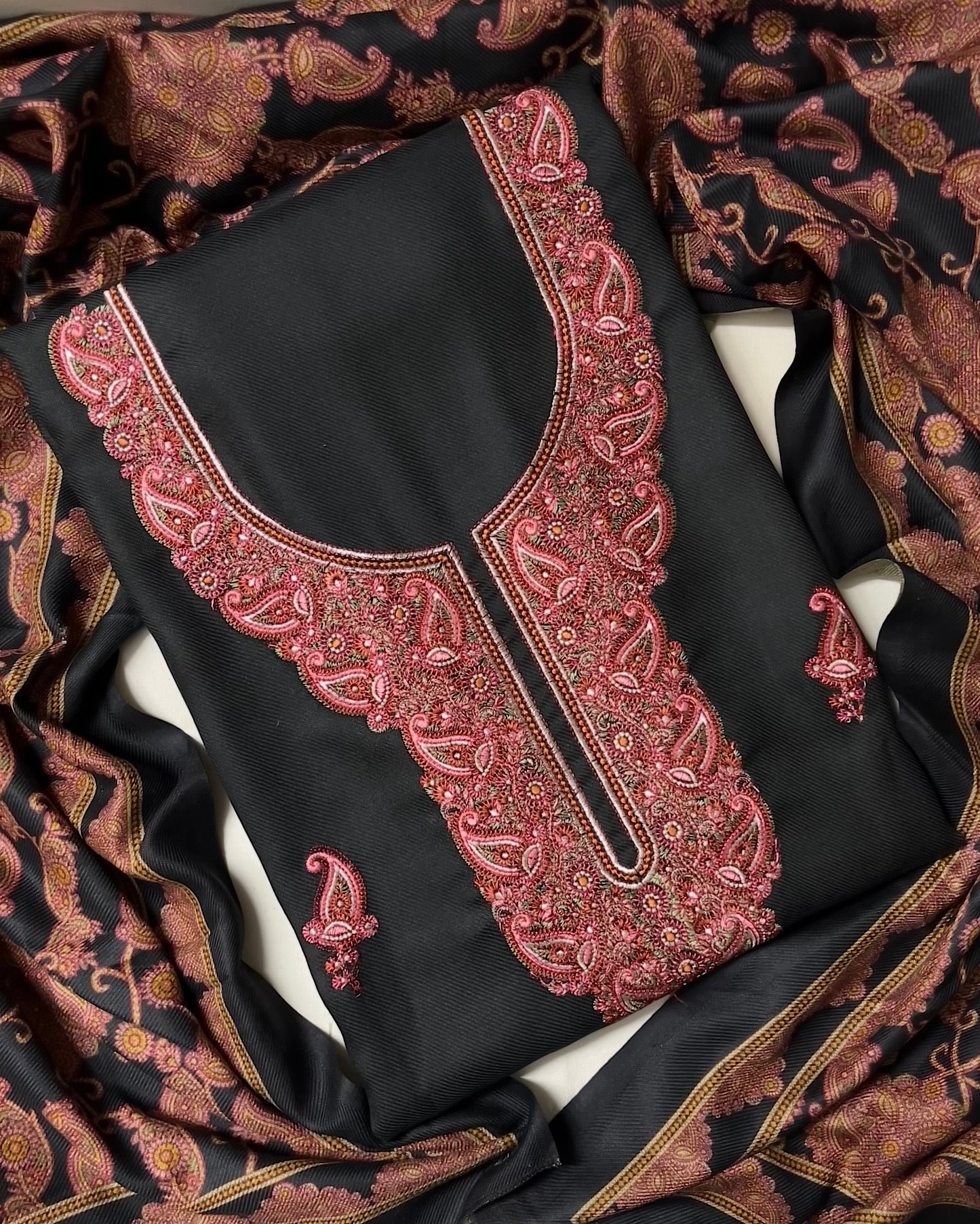 Virsa Pashmina Wool Suit with Antique-Style Embroidery - Black