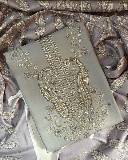 Zoya Pashmina Wool Suit with Boutique-Style Embroidery - Pastel Grey