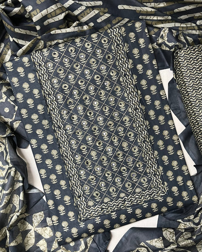 Paalki Pure Cotton Suit Set with Knot & Mirror Work Neck Patch - Midnight Blue