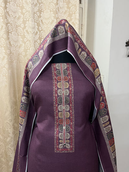 Zaara Aari-Work Toosh Pashmina Woolen Suit - Violet