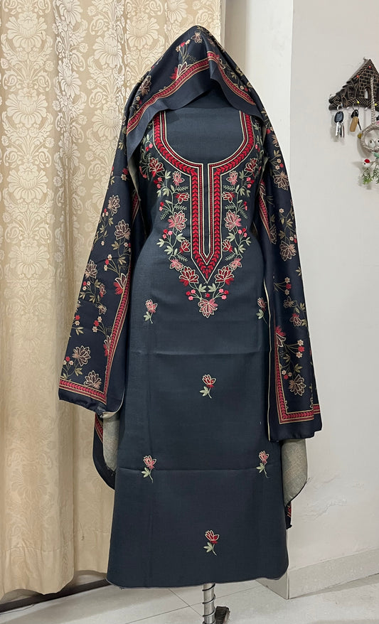 Sajda Pashmina Wool Suit with Boutique-Style Embroidery - Slate Grey