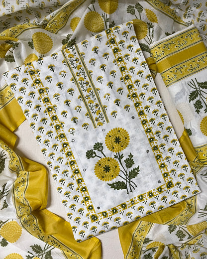 Sajni Pure Cotton Floral Suit Set with Knot & Mirror Work - Yellow