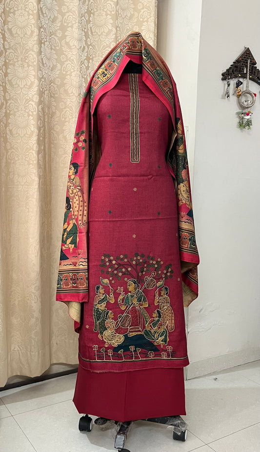 Meera Bai Pichwai Art Woolen Suit with Aari & Swarovski Work - Magenta Pink