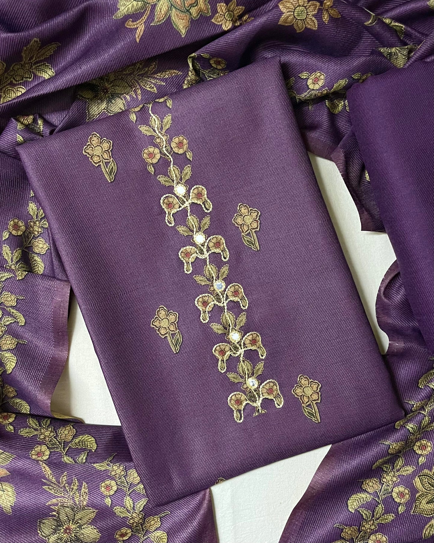 Phool Aari-Work Toosh Pashmina Woolen Suit - Purple
