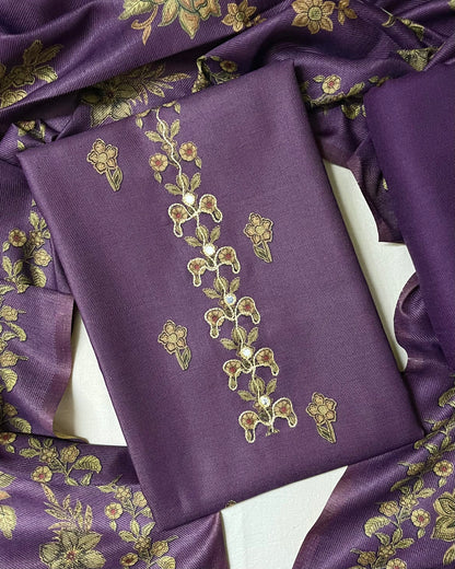 Phool Aari-Work Toosh Pashmina Woolen Suit - Purple