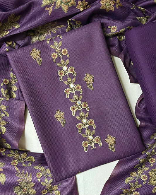 Phool Aari-Work Toosh Pashmina Woolen Suit - Purple