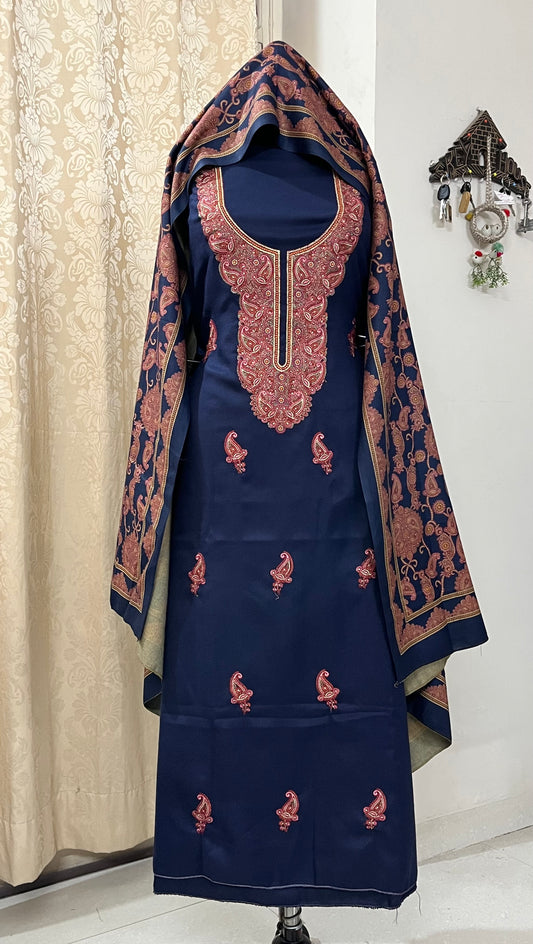 Virsa Pashmina Wool Suit with Antique-Style Embroidery - Navy Blue