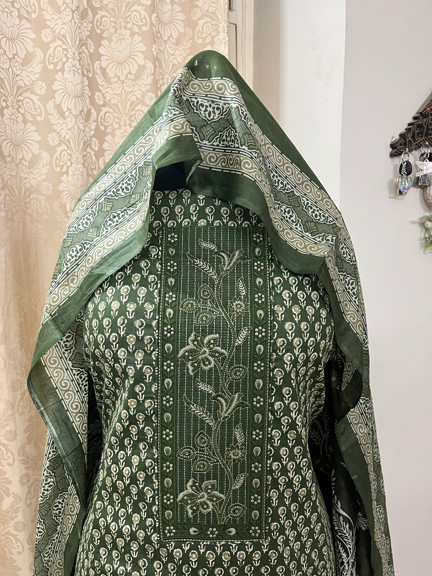 Roop Pure Cotton Suit Set with Embroidered Neck Patch - Mehndi Green