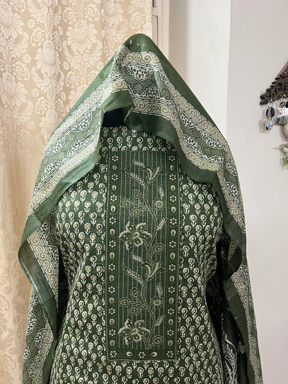 Roop Pure Cotton Suit Set with Embroidered Neck Patch - Mehndi Green