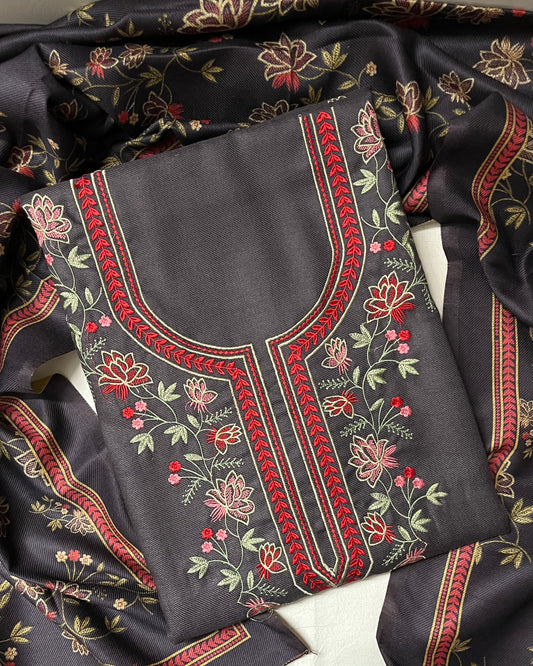 Sajda Pashmina Wool Suit with Boutique-Style Embroidery - Ash Plum