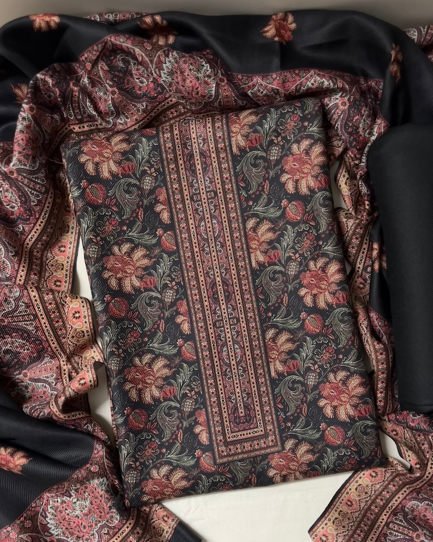 Khwab Black Floral Digitally Printed Woolen Suit with Matching Stole