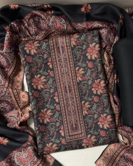 Khwab Black Floral Digitally Printed Woolen Suit with Matching Stole