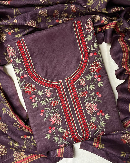 Sajda Pashmina Wool Suit with Boutique-Style Embroidery - Mauve
