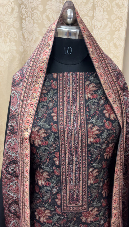 Khwab Black Floral Digitally Printed Woolen Suit with Matching Stole