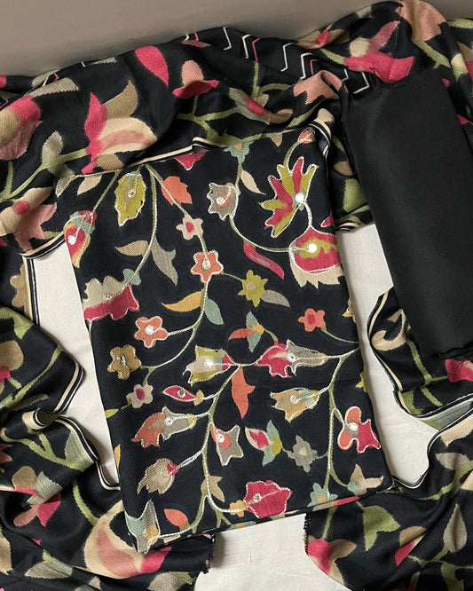 Meher Pashmina Woolen Suit with Mirror & Aari Work - Black