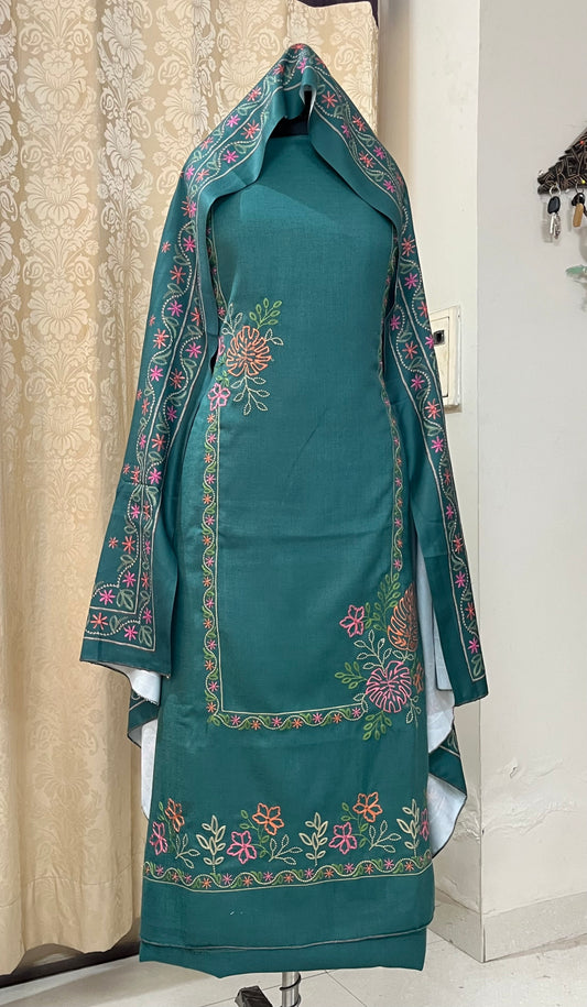 Riwaaz Pashmina Wool Suit with Boutique-Style Embroidery - Firozi