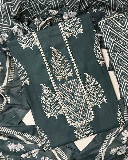 Subah Pure Cotton Suit Set with Sequin Handwork & Lace- Dark Green