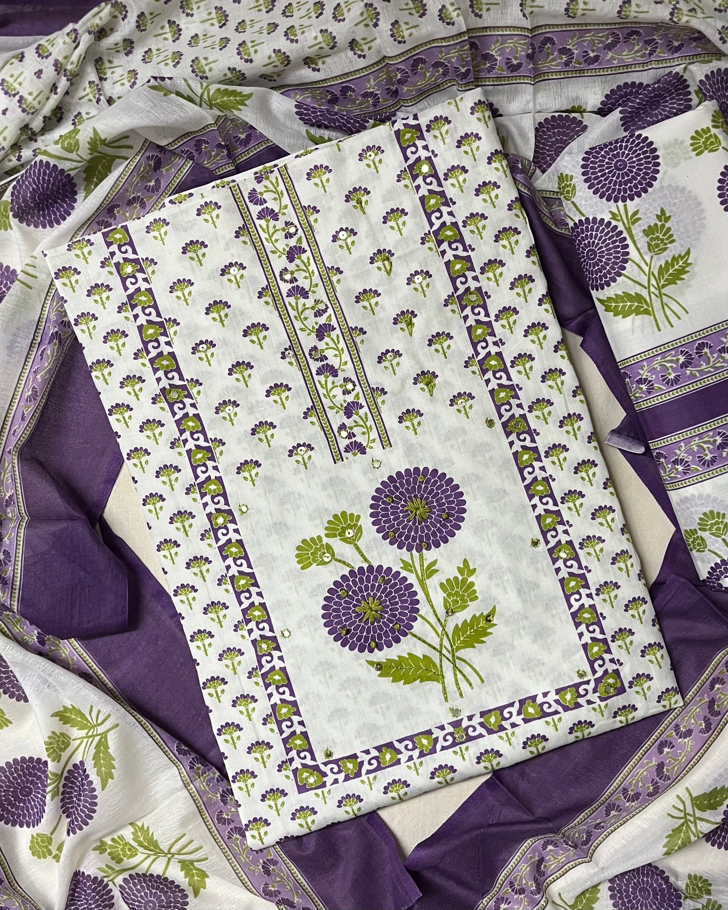 Sajni Pure Cotton Floral Suit Set with Knot & Mirror Work - Purple