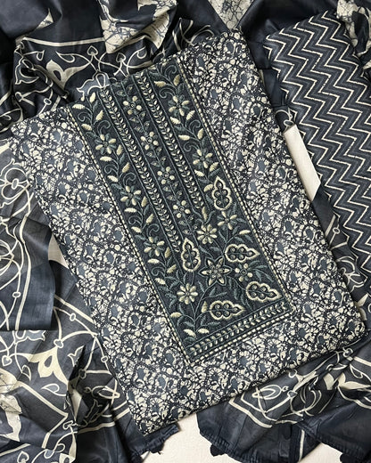 Sukoon Pure Cotton Suit Set with Embroidered Neck Patch - Steel Blue