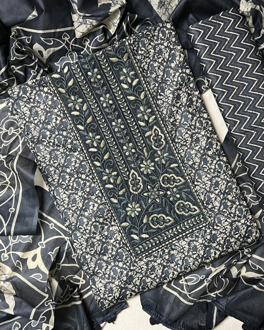 Sukoon Pure Cotton Suit Set with Embroidered Neck Patch - Steel Blue