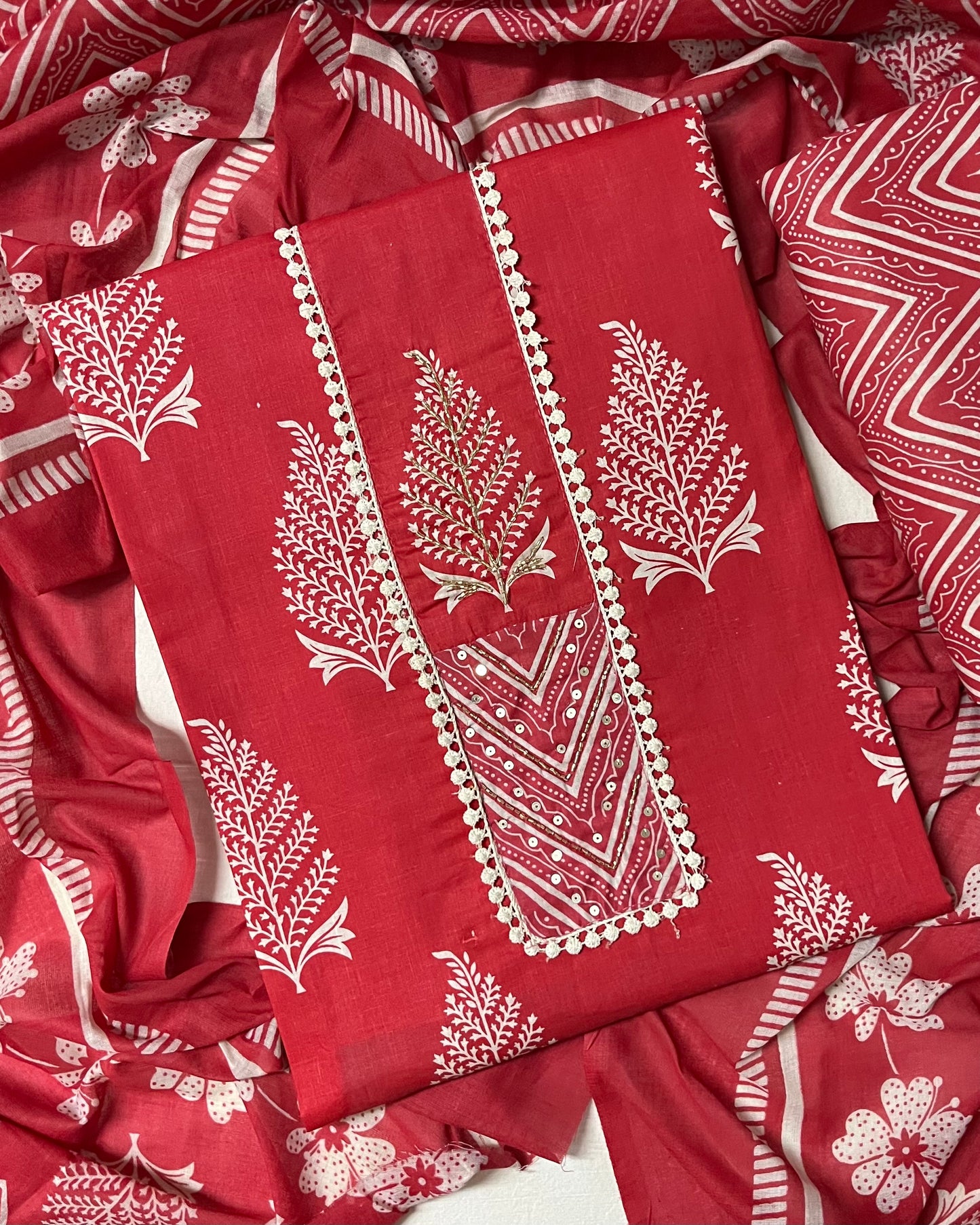 Subah Pure Cotton Suit Set with Sequin Handwork & Lace- Red